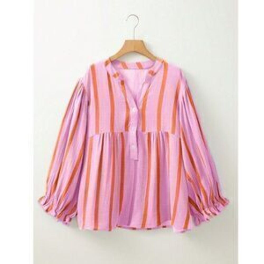 Pink with Red Stripes Oversized Button Down Shirt Batwing Sleeve - Picture 3 of 3